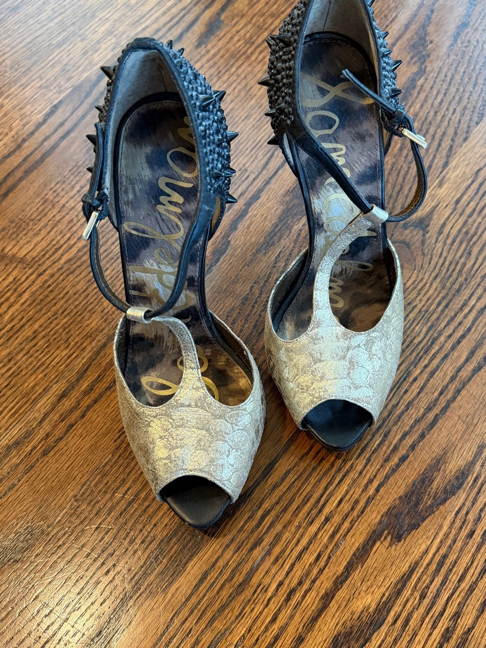 Sam Edelman Women's Metallic Gold Peep-Toe T-Strap Heels